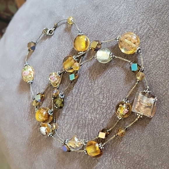 PREMIER DESIGNS Amber Foil Lampwork Glass Bead Chain Station Necklace - Picture 2 of 10